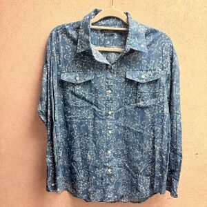 Lauren Ralph Lauren Women Denim L Blue Floral Print Button Down Cotton Blouse